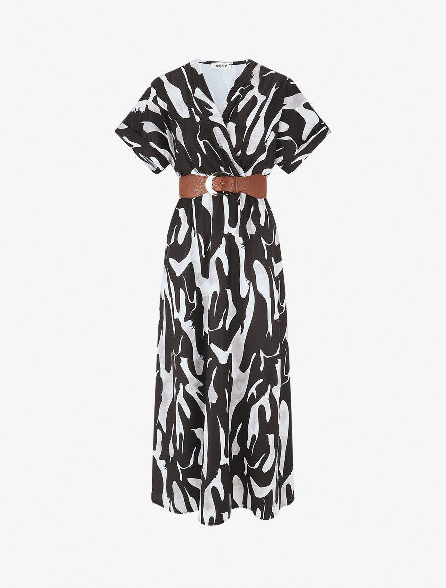 Robe longue à cache-coeur imprimé abstrait - Noir - 1