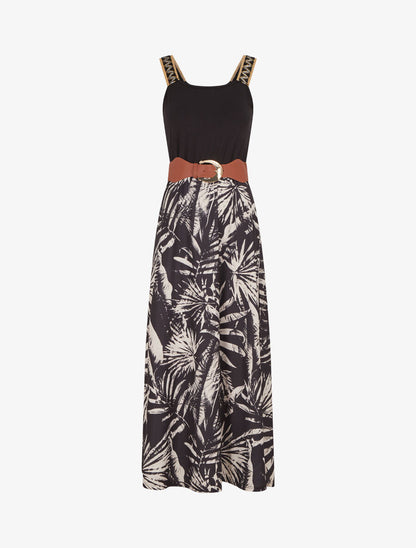 Robe longue à bretelles brodées imprimé tropical - Noir - 1