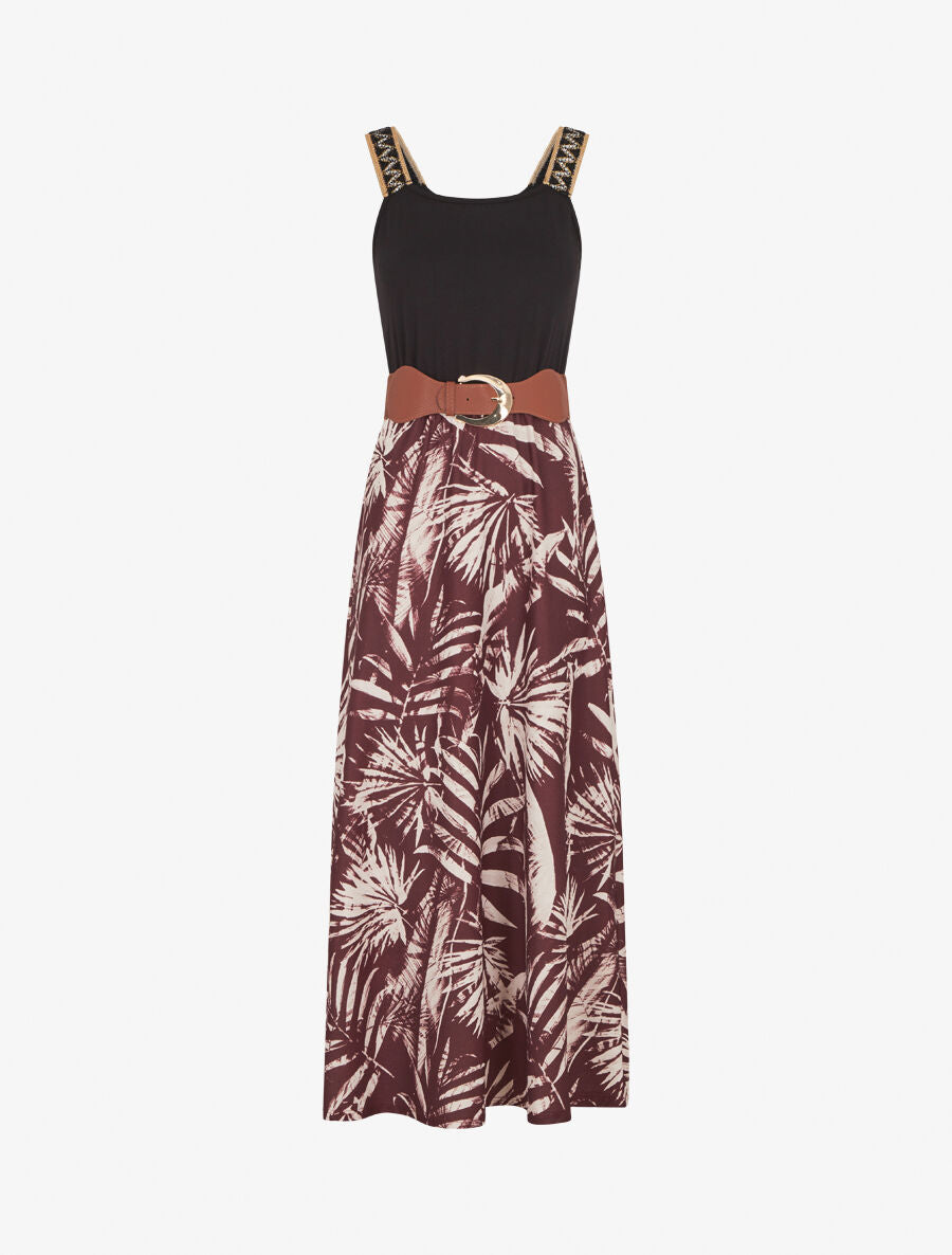 Robe longue à bretelles brodées imprimé tropical - Marron - 1