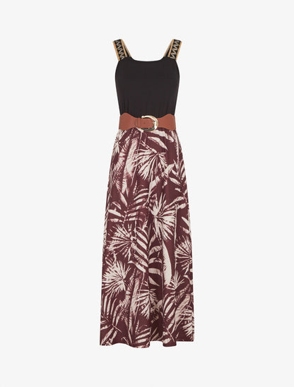 Robe longue à bretelles brodées imprimé tropical - Marron - 1