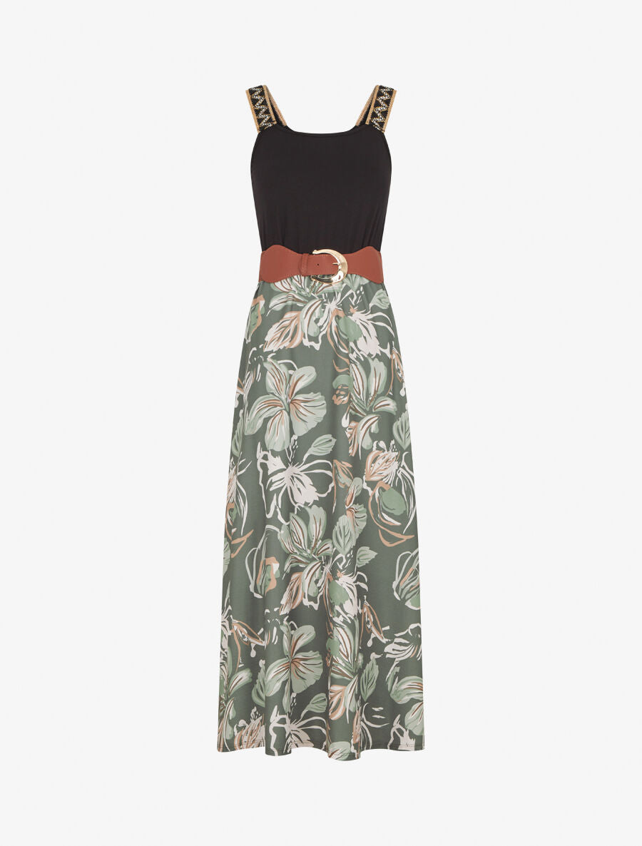 Robe longue à bretelles brodées imprimé floral - Kaki - 4