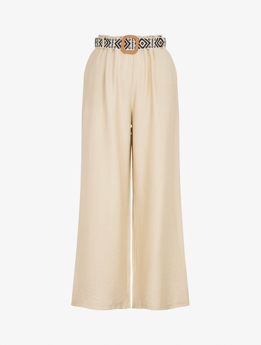 Pantalon uni à taille élastiquée - Beige - 1