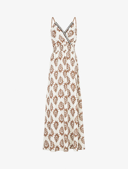 Robe longue à taille élastiquée imprimé floral - Camel - 1