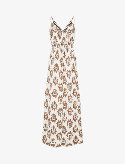 Robe longue à taille élastiquée imprimé floral - Camel - 2