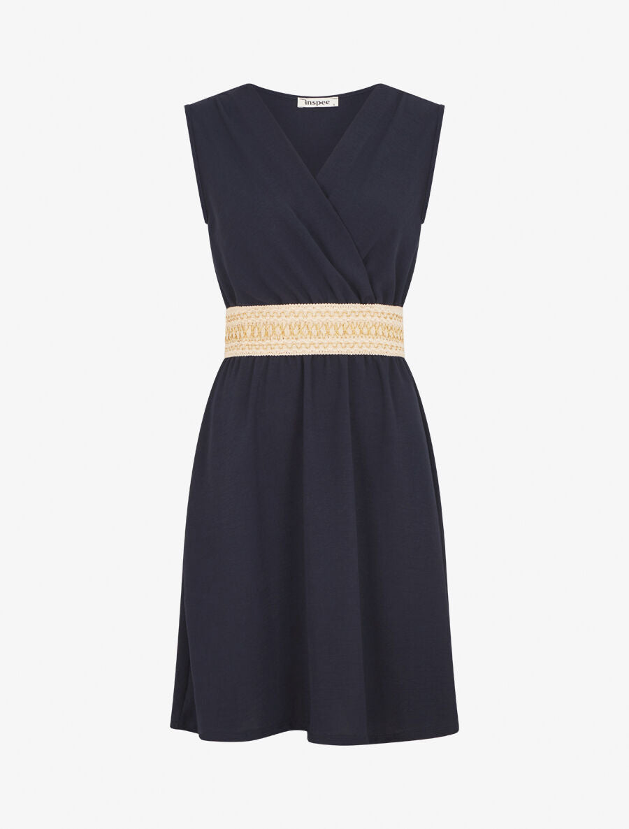 Robe unie à bande élastiquée irisée - Marine - 4