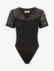 Body en dentelle manches courtes - Noir - 1