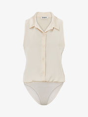 Body satiné style chemise sans manches - Beige - 4