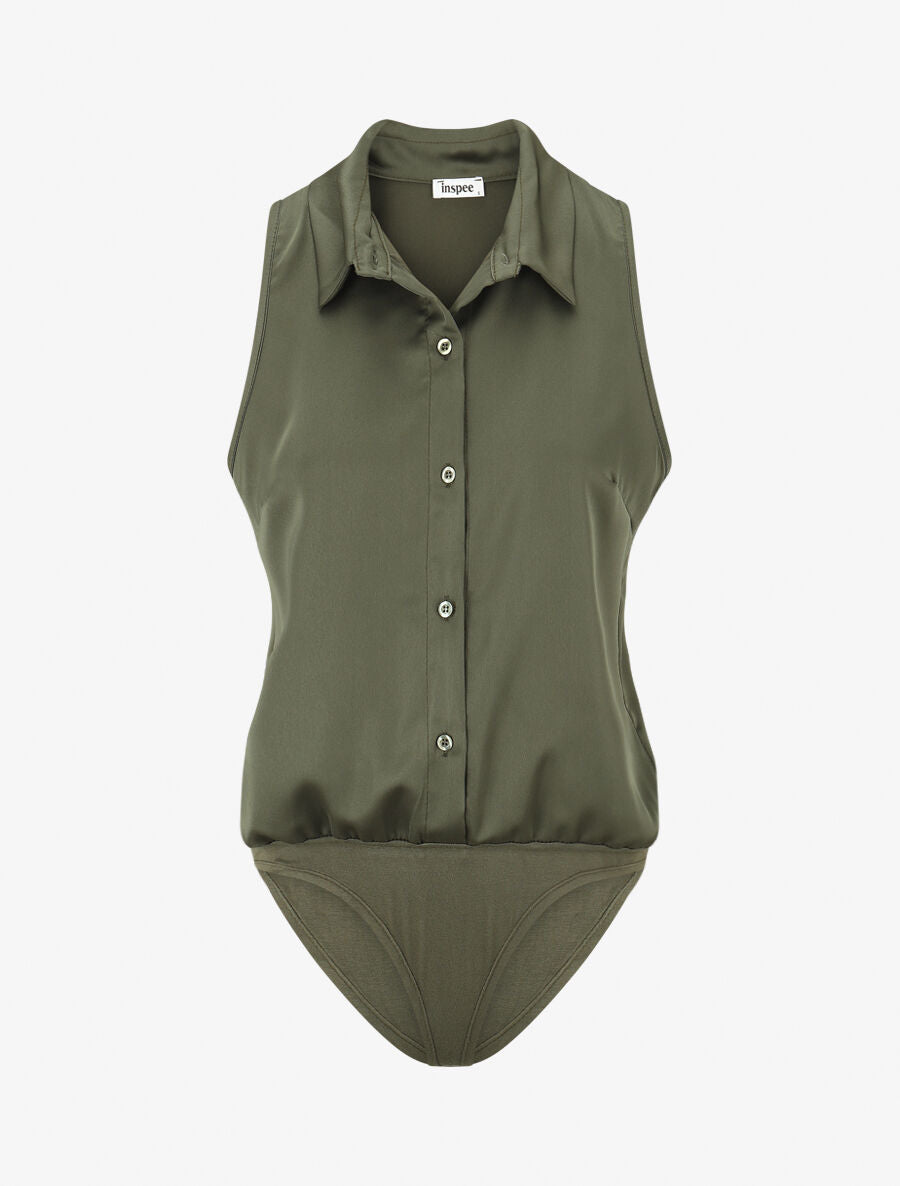 Body satiné style chemise sans manches - Kaki - 1