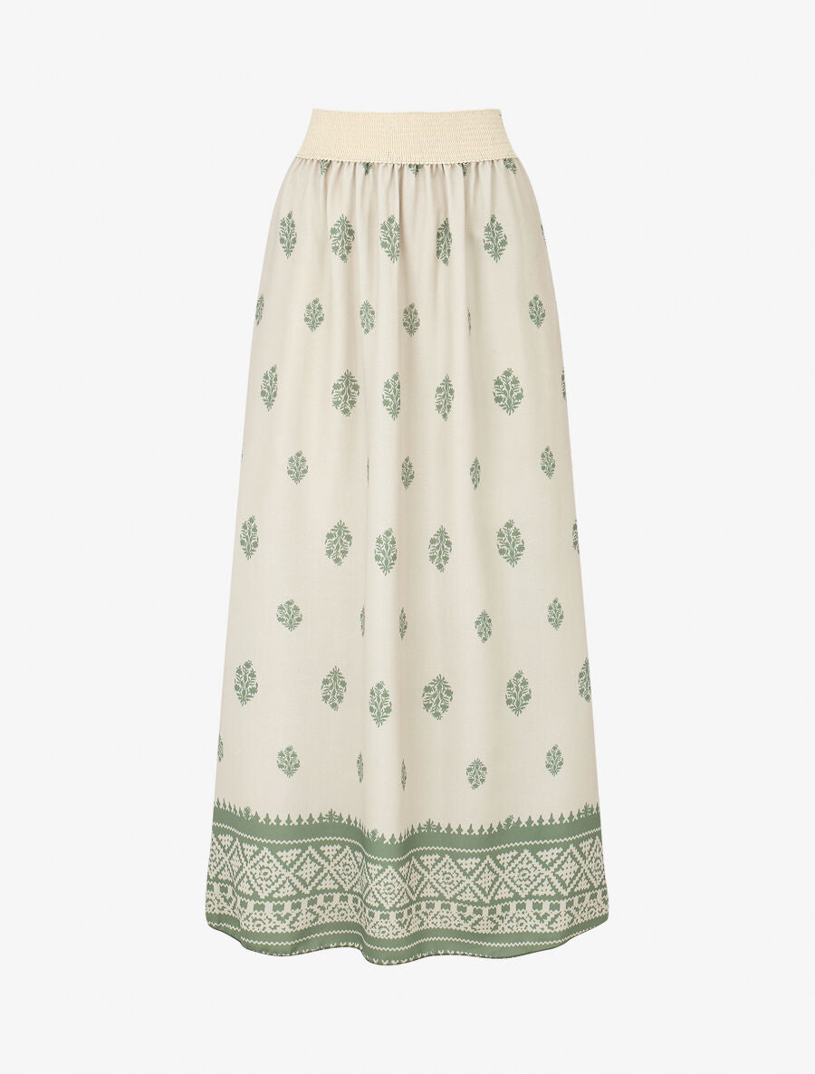 Jupe longue évasée imprimé arabesque - Kaki - 1
