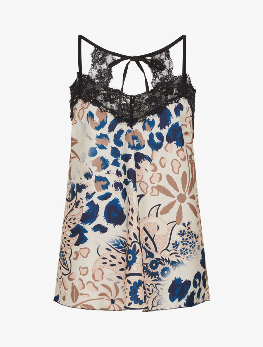 Caraco imprimé foulard à détail dentelle - Marine - 1