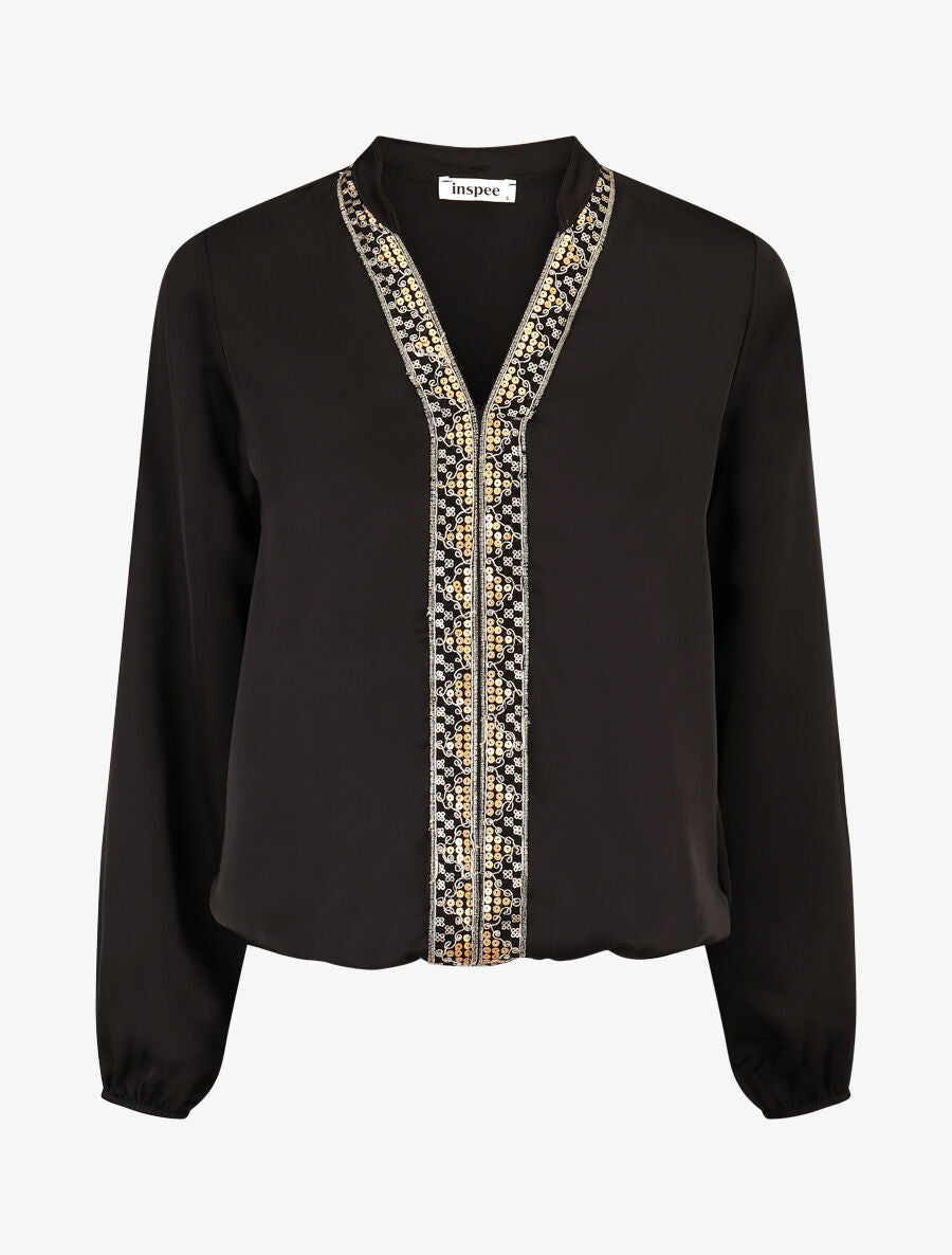 Blouse satinée ornée de broderie - Noir - 1