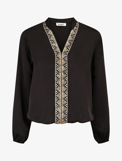 Blouse satinée ornée de broderie - Noir - 1