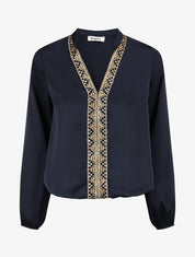 Blouse satinée ornée de broderie - Marine - 1