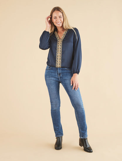 Blouse satinée ornée de broderie - Marine - 4