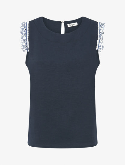 Top uni à détail broderies - Marine - 1