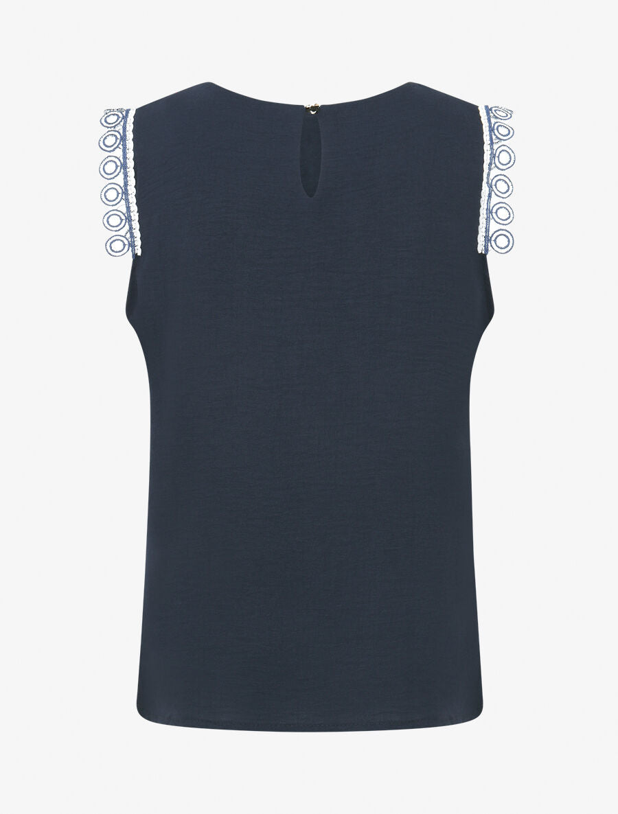 Top uni à détail broderies - Marine - 2