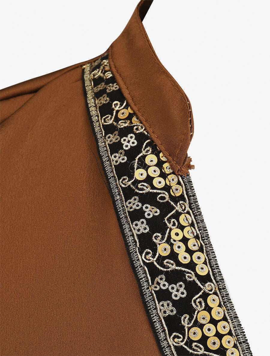 Blouse satinée ornée de broderie - Camel - 3