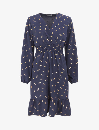 Robe élastiquée à flocage plumes irisées - Marine - 1