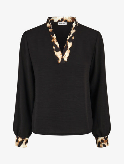 Blouse à bords imprimé léopard - Noir - 1