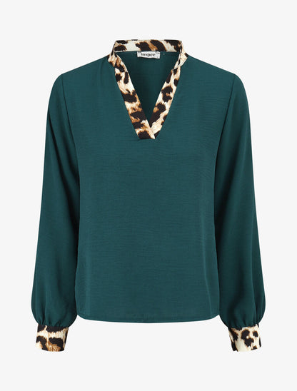 Blouse à bords imprimé léopard - Vert forêt - 1