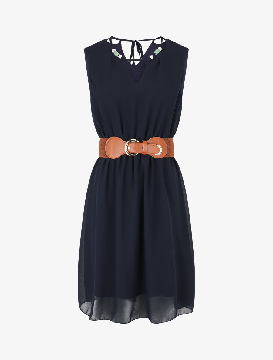Robe mi-longue unie à col à perles - Marine - 1