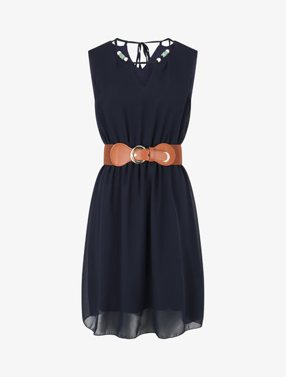 Robe mi-longue unie à col à perles - Marine - 1