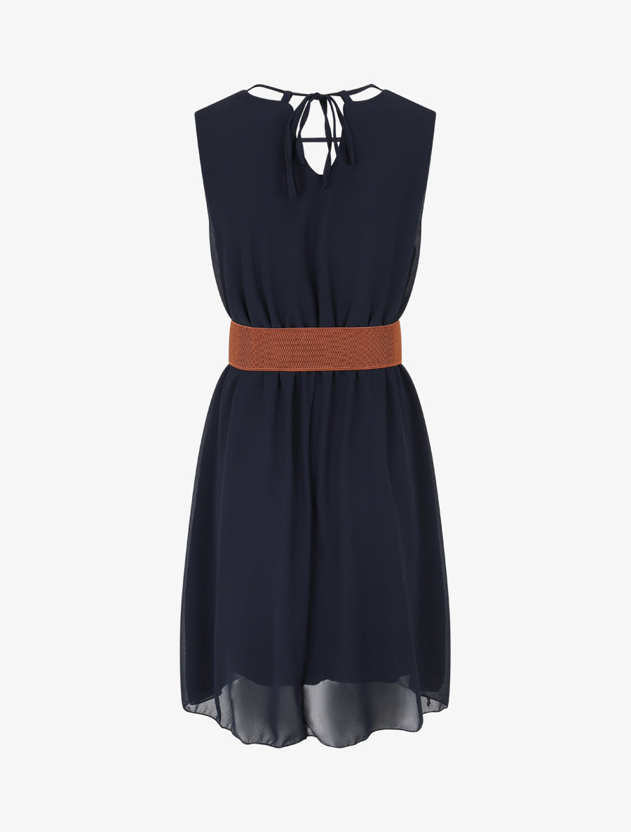 Robe mi-longue unie à col à perles - Marine - 2