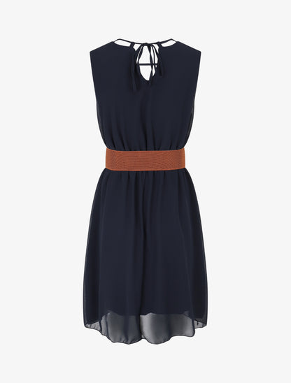 Robe mi-longue unie à col à perles - Marine - 2