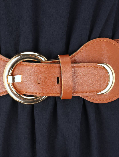 Robe mi-longue unie à col à perles - Marine - 3