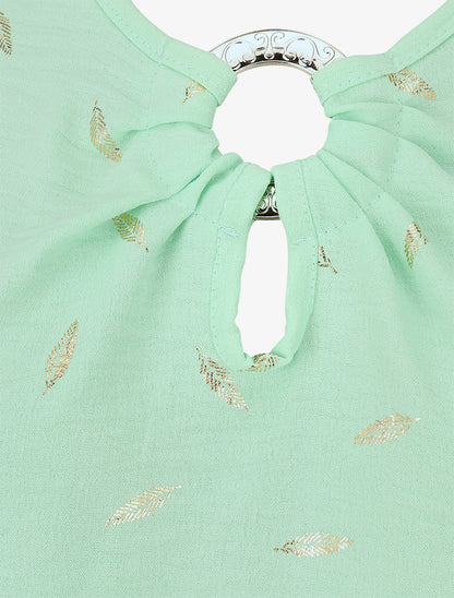 Top droit col fantaisie imprimé plumes dorées - Vert menthe - 3