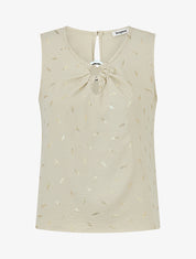 Top droit col fantaisie imprimé plumes dorées - Beige - 1
