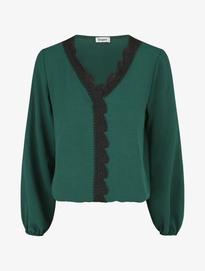 Blouse à col V brodé - Vert sapin - 1