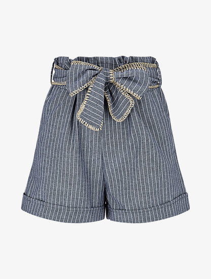 Short fluide à rayures et ceinture fantaisie - Bleu - 1