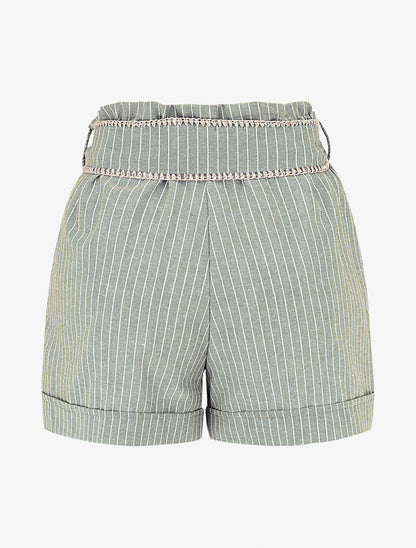 Short fluide à rayures et ceinture fantaisie - Kaki - 2