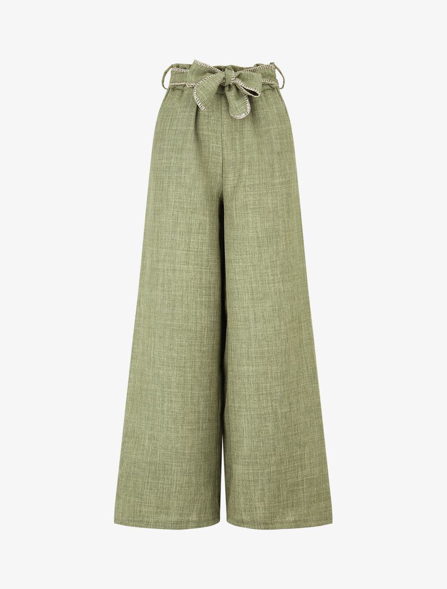 Pantalon ample taille haute à ceinture fantaisie - Kaki - 1