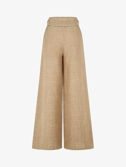 Pantalon ample taille haute à ceinture fantaisie - Taupe - 2