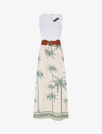 Robe longue imprimé palmiers et col à sangle - Kaki - 1