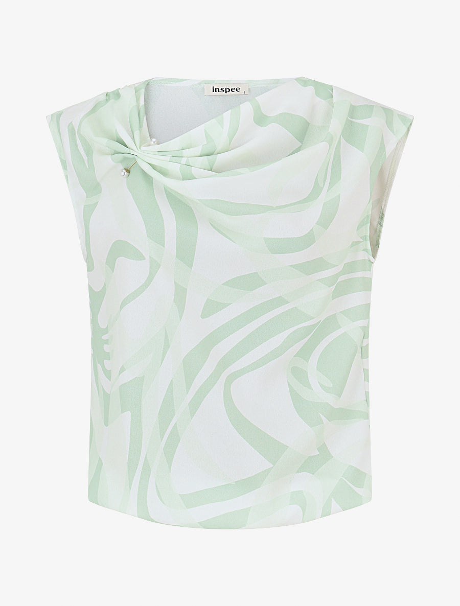 Top graphique sans manches à col bénitier - Vert amande - 1