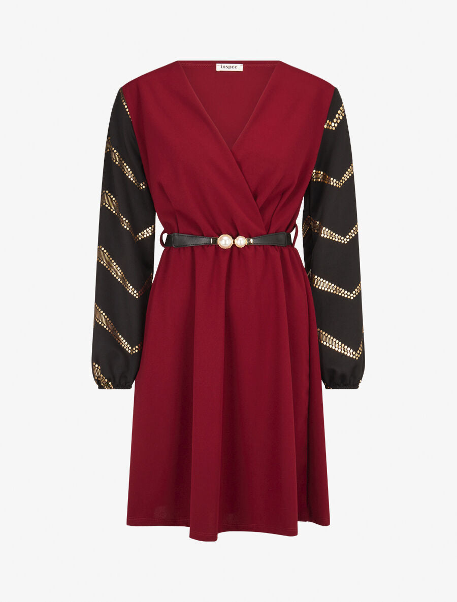 Robe patineuse à manches à imprimés dorés - Bordeaux - 1