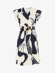 Robe élastiquée à manches volantées - Marine - 1