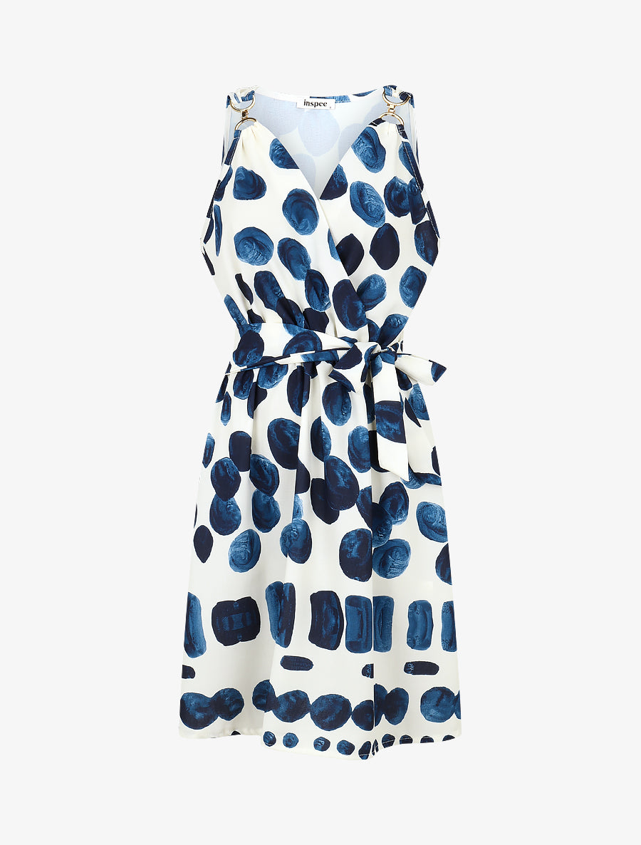 Robe mi-longue imprimé pois fantaisie et bretelles bijou - Marine - 1