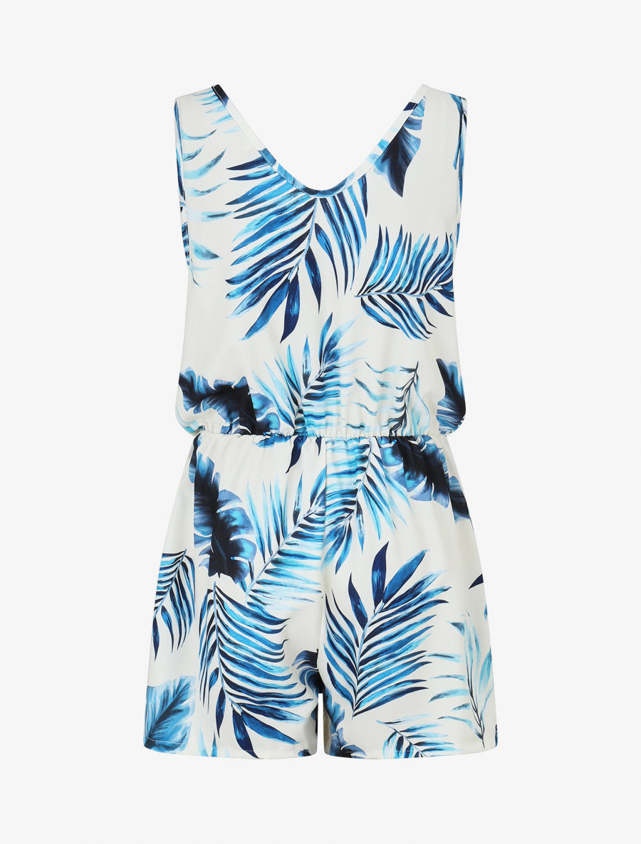 Combishort imprimé feuillage à taille élastiquée - Marine - 2