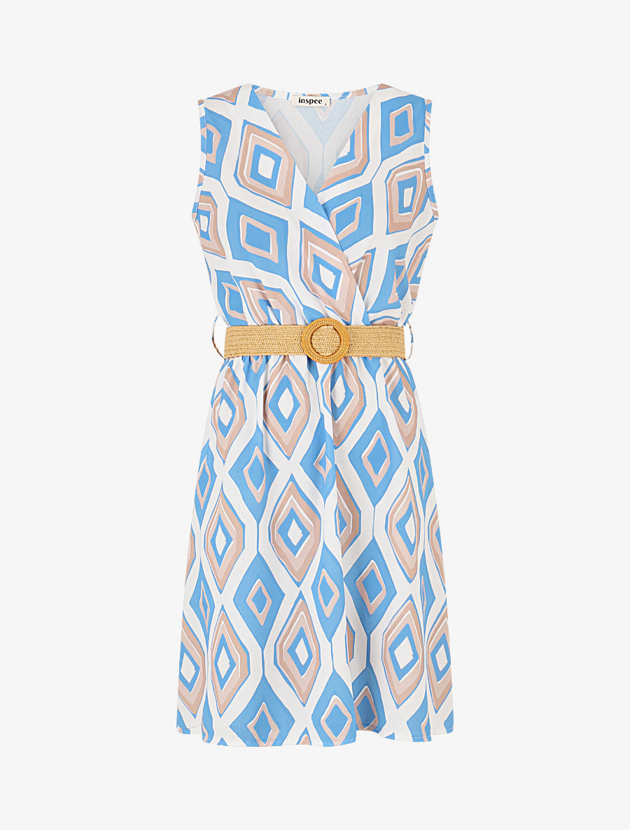 Robe imprimé graphique à col cache-coeur - Bleu ciel - 1