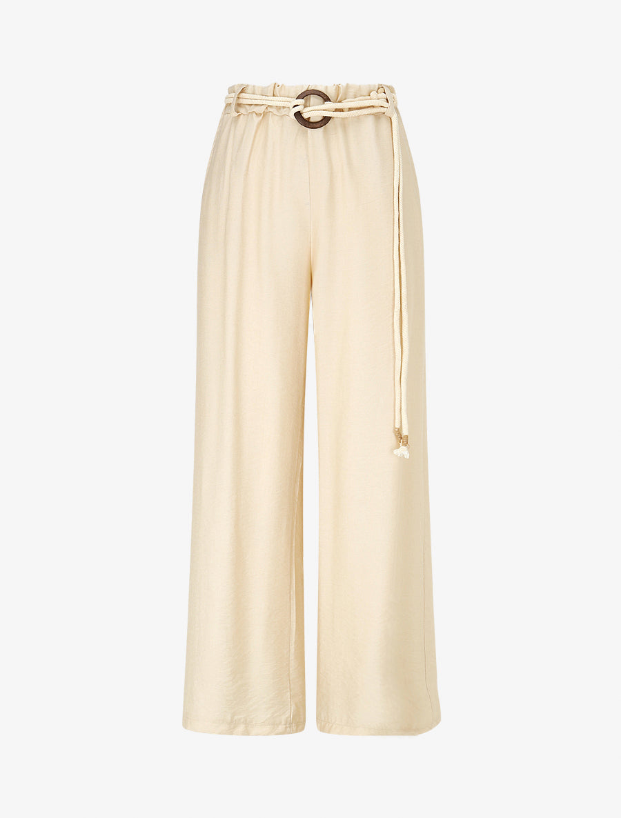Pantalon uni à taille élastiquée - Beige - 1