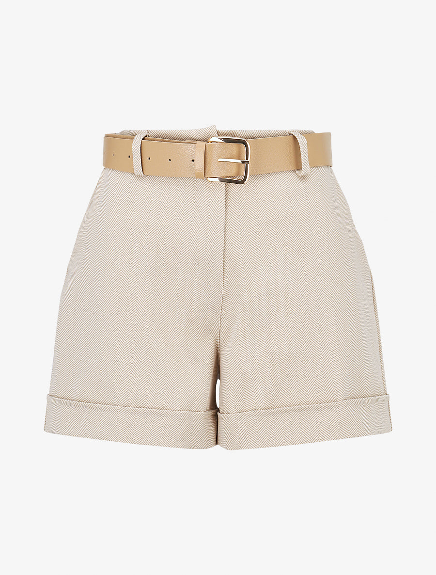 Short ceinturé à imprimé chevron - Camel - 1