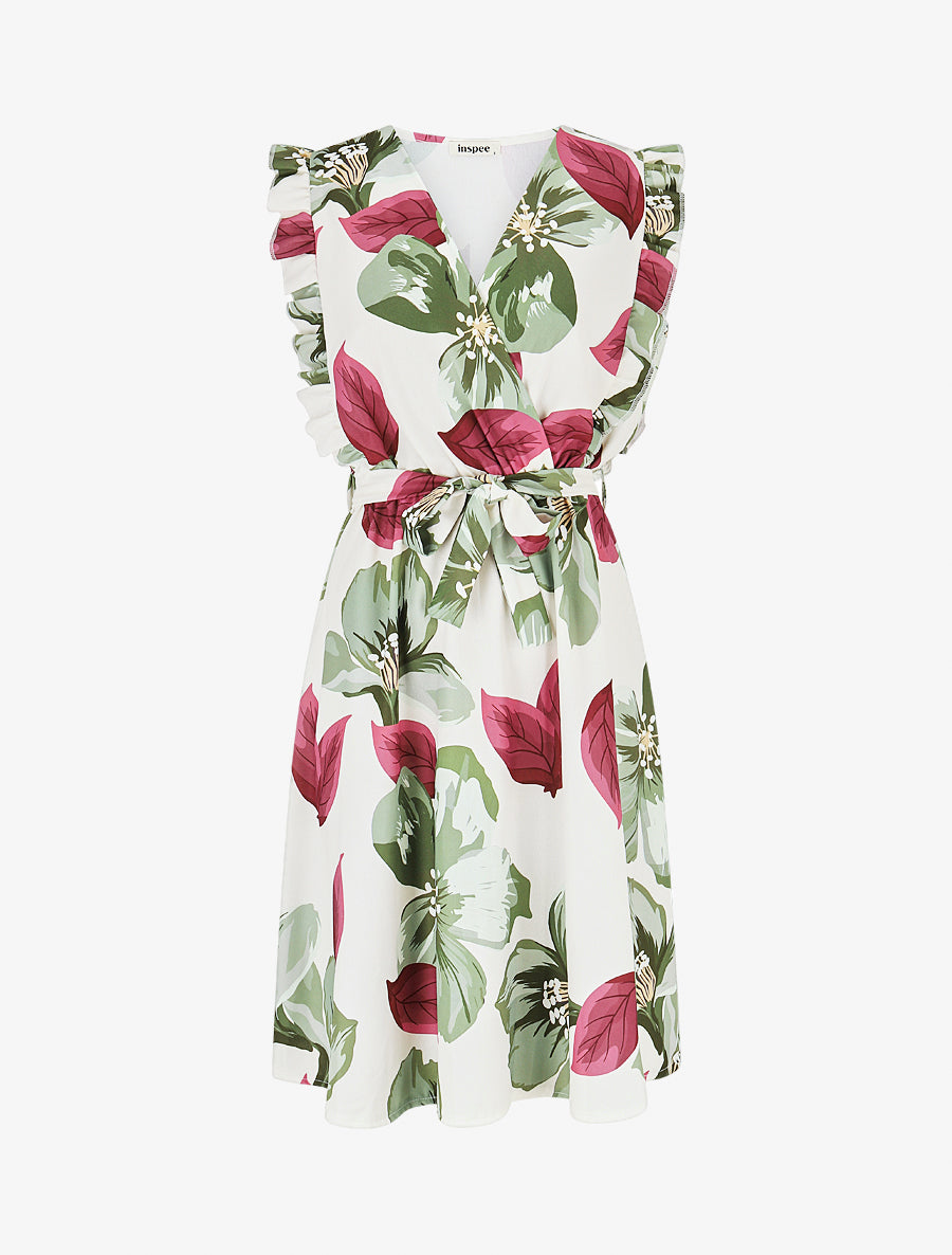 Robe mi-longue fleurie à volants - Kaki - 1