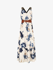 Robe longue élastiquée imprimé fleuri - Marine - 1