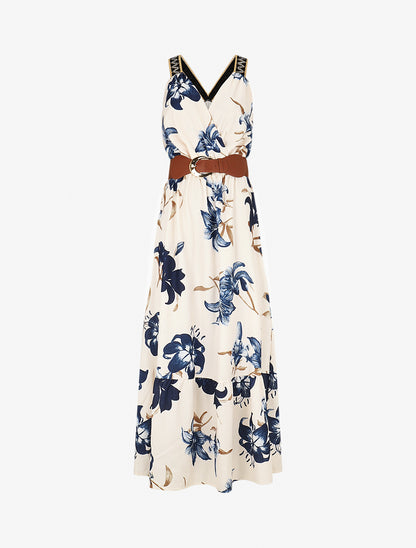 Robe longue élastiquée imprimé fleuri - Marine - 1