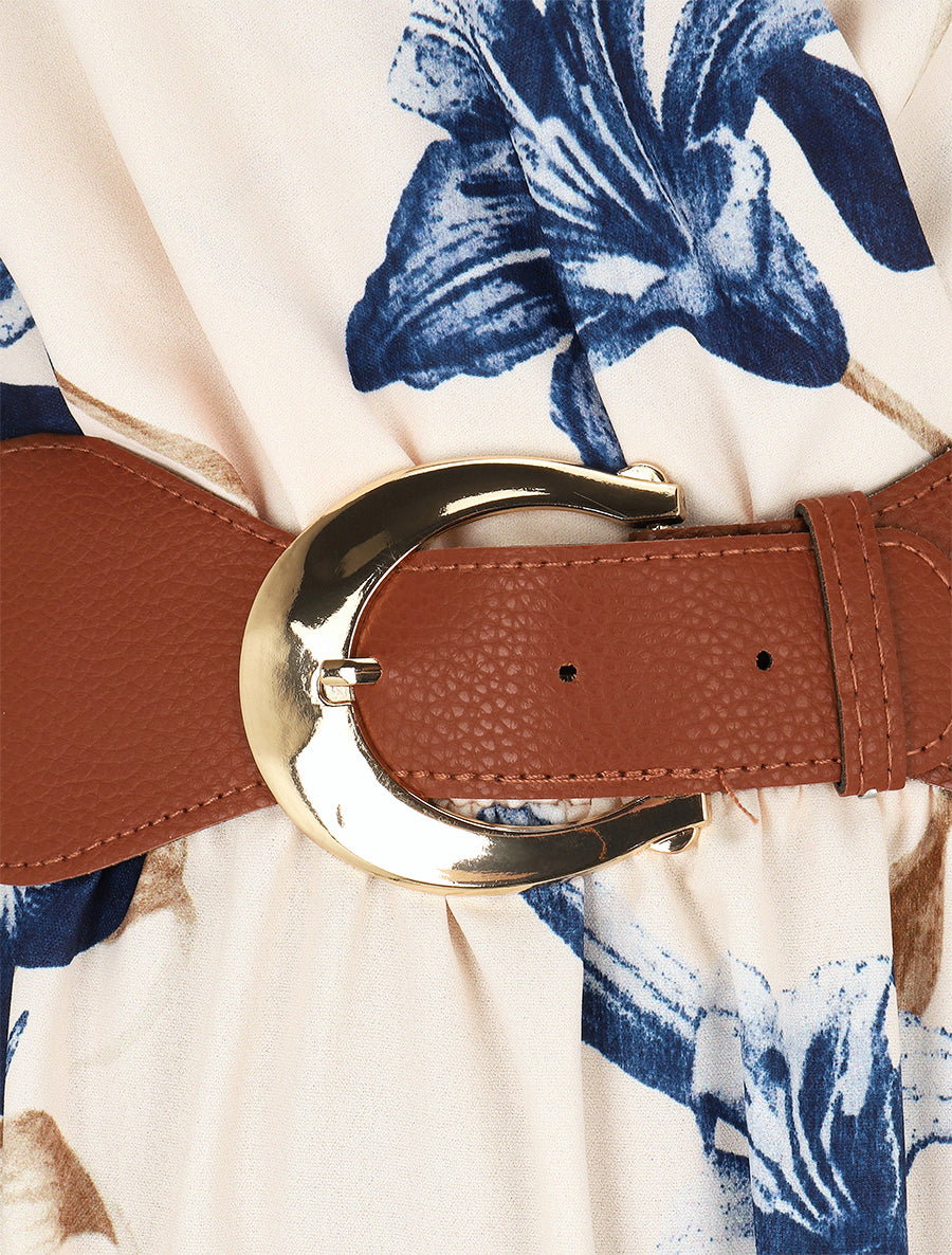 Robe longue élastiquée imprimé fleuri - Marine - 3