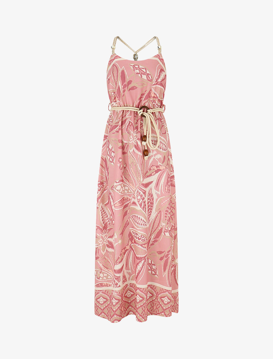 Robe longue imprimé fleurs tropicales à bretelles en corde - Rose - 1